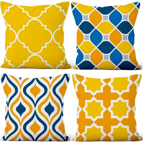 40x40cm Lot de 4 Housse de Coussin Moderne Géométrique Motif Doux Court Peluche Carré Taie d'oreiller Maison pour Chambre Salon Canapé Balcon Terrasse Patio Jardin Chaise Auto, Jaune Bleu (1/5)