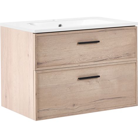 Mueble de baño suspendido con lavabo frente de MDF 2 cajones 80 x 46 cm marrón claro Yelcho (1/5)