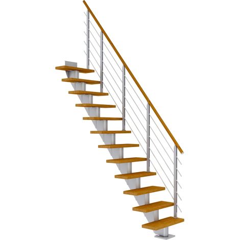 Dolle Mittelholmtreppe Frankfurt Gerade Eiche, geölt 65 cm breit für Geschosshöhen 222 – 258 cm UK Metall Perlgrau inkl. einseitigem Designgeländer