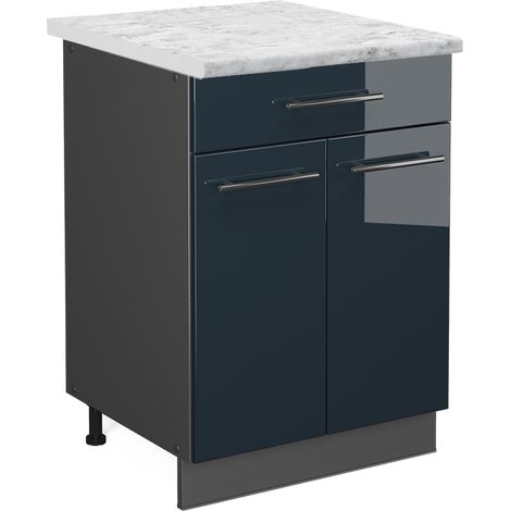 Mueble bajo de cocina Fame-Line, Azul oscuro alto brillo, 60 cm con cajón, ET Mármol, Vicco