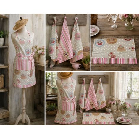 Tablier de cuisine avec poche – Motif Cupcakes & Rayures Roses - Rose (1/2)