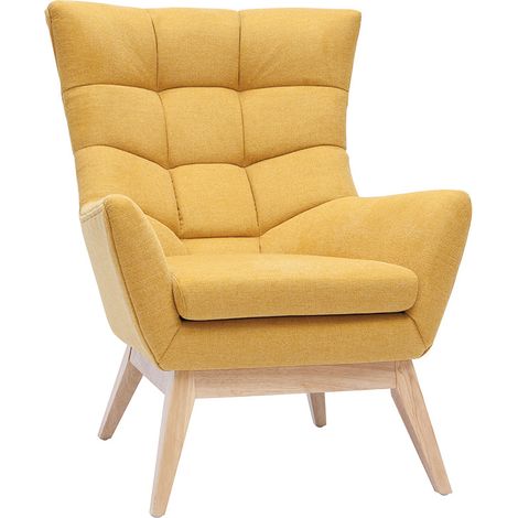 Fauteuil scandinave en tissu effet velours texturé jaune moutarde et bois clair BRODY