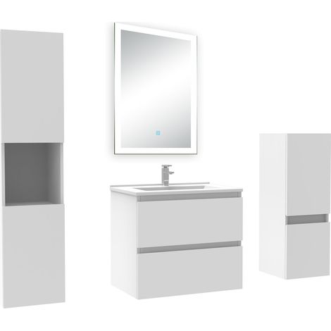 Ocean Ensemble meuble Salle de Bain 60cm avec simple vasque et colonne et miroir lumineux dimmable blanc