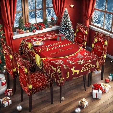 Ensemble TC-19 : nappe imperméable rouge classique avec motif d'élan de Noël, imprimée numériquement, et 4 housses de chaises (nappe imperméable 140 x 210 cm + 4 housses de chaises). (1/4)