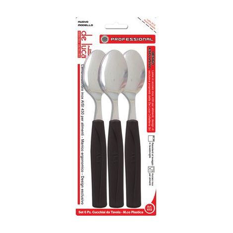Cucchiaio Tavola Super De Luca Manico Plt Nero Inox 6 Pezzi