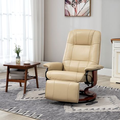 Mobilier Fauteuil relax inclinable repose-pieds réglable pivotant 360° piètement bois revêtement synthétique - crème