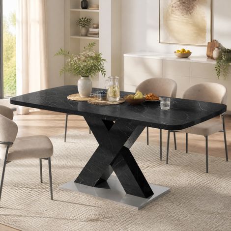 Ausziehbarer Esstisch 120–160 x 80 cm, MDF-Platte in schwarzer Marmoroptik, X-Gestell OKMYHOME (1/5)