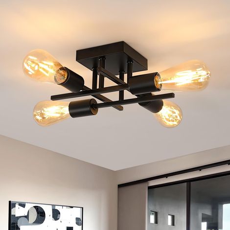Plafonnier Industriel Noir Lustre Vintage 4 Lampes en Métal Rétro Luminaire Plafond Moderne E27 pour Salon, Chambre, Cuisine (1/5)