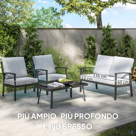 4-teiliges Garten-Lounge-Set aus Aluminium, bestehend aus einem 2-Sitzer-Sofa, 2 Sesseln und einem Couchtisch mit Glasplatte und abnehmbaren Kissen, Anthrazitgrau.
