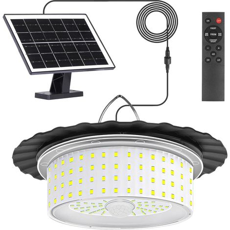 Lampe Solaire Exterieur Interieur, 244 LED Eclairage Solaire Exterieur avec Télécommande, Détecteur de Mouvement, Minuterie, 5 Modes Lumiere Solaire pour Maison, Jardin, Tonnelle, Garage