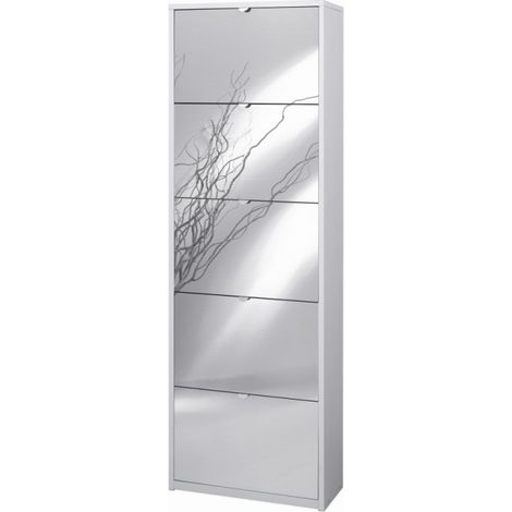 Platzsparendes schmales Schuhregal mit fünf verspiegelten Türen in Ash White 63x29x H190 cm (1/2)