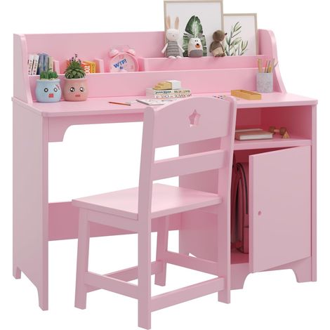Ensemble Bureau et Chaise Enfant en Bois - Bureau d'Étude Ergonomique avec Étagère et Placard - Pour Enfants 3-8 Ans - 93x78 cm - Rose (1/5)