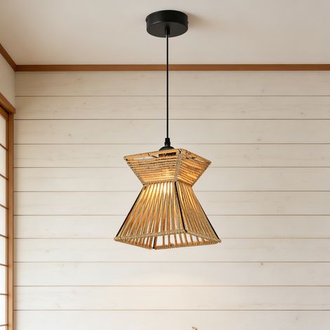 Lustre en osier avec ampoule, plafonnier en métal style wabi-sabi, suspension en corde de chanvre tressée à la main, φ21cm, lumière chaude 3000K, 15W (1/5)