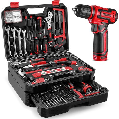 Boite à Outils Complète: Caisse à Outil avec Visseuse Sans Fil 12V 12N.m, 800RPM - Malette Outils 238 Pièces avec Mèches, Tournevis, Clés et Accessoires - Rouge (1/5)
