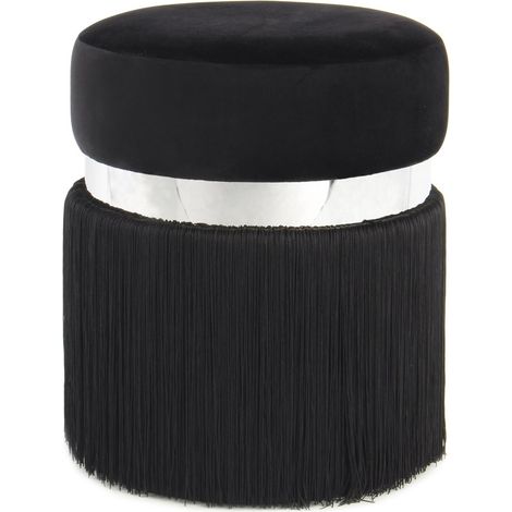 Pouf Rebecca in velluto nero e argento con frange (1/3)