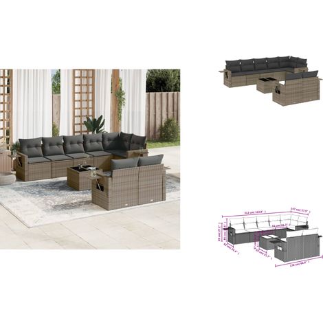 9-tlg. Garten-Sofagarnitur mit Kissen Grau Poly Rattan - Gartenmöbel - PE-Rattan Möbel - Outdoor Lounge Set - Sofasatz - Esszimmergarnitur (1/3)