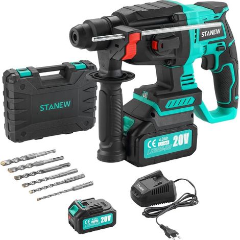 Stanew – Perforateur sans fil 20V – Moteur sans balais – 4500BPM, 1000RPM, 1.7J – 6 forets SDS-Plus – Éclairage LED intégré