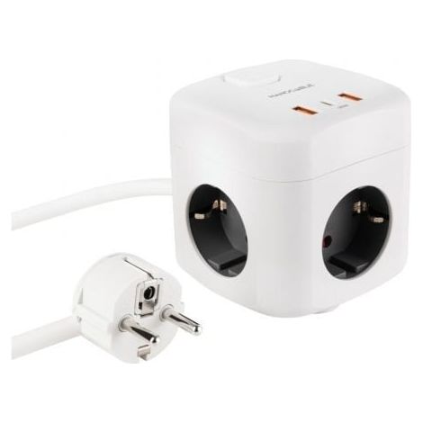 Base de 3 enchufes con interruptor + (2 USB-A + 1 TYPE-C) / GaN + PPS / PD 20W / Blanco / Nanocable 10.37.0011
