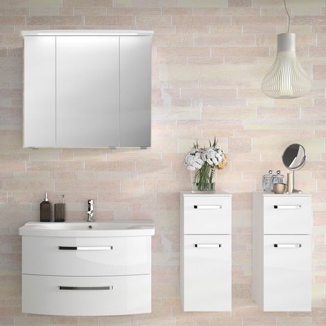 Badezimmer Möbel mit Waschplatz FES-4010-66 weiß glänzend, mit 2 Wandschränken - B/H/T: 174x200x46cm (1/5)