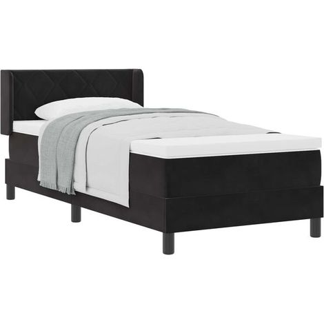 Matelas à ressorts avec tête de lit, noir, 200 x 90 cm, tissu velours. (1/5)