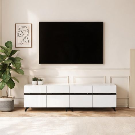 Meuble TV blanc haut brillant 180 cm avec 4 portes en MDF (1/5)