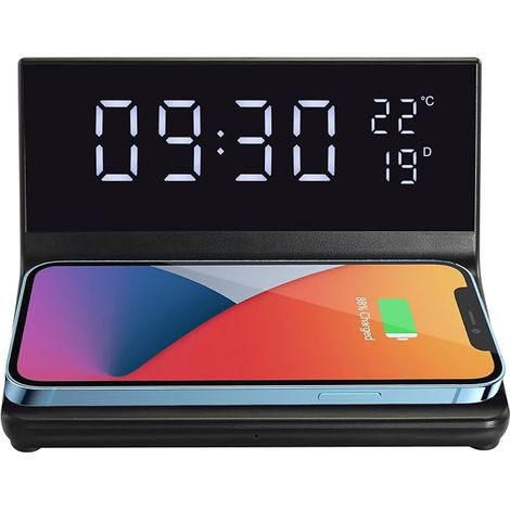 Sveglia digitale a LED APM, caricabatterie wireless rapido, orologio digitale con termometro, calendario, funzione snooze, porta USB, luminosità regolabile, formato 12/24 ore 425030 (1/5)