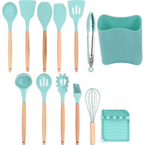 Lot de 13 ustensiles de cuisine en silicone et bois, poignée bois, cuillères et spatules antiadhésives, support de rangement, vert foncé (1/5)
