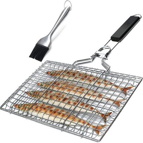 Sartén para asar, Sartén para pescado a la parrilla, Sartén de acero inoxidable, Plegable, portátil, inoxidable, Incluye bolsa Oxford y cepillo (1/5)