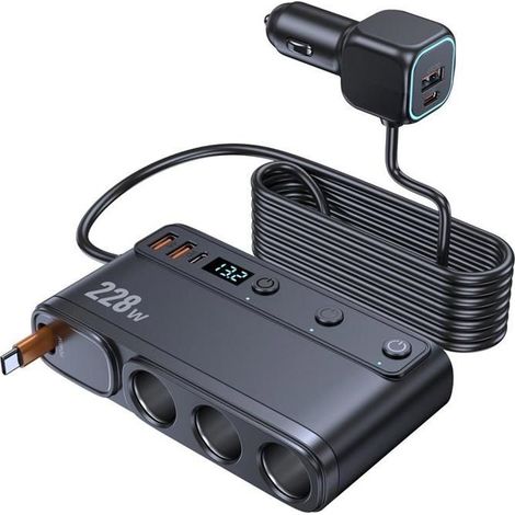 Chargeur allume-cigare 3 en 1 à charge rapide avec interrupteurs indépendants et câble rétractable C35L 228W (1/5)