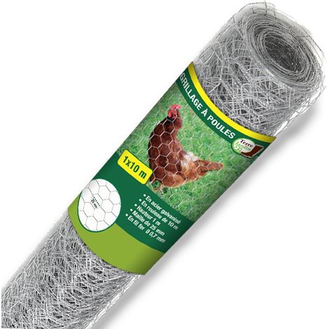 Terre Jardin – Grillage à poule galvanisé 1m x 10m – Mailles hexagonales 4x2,5 cm – Fil acier 0,7 mm – Haute résistance à la rouille