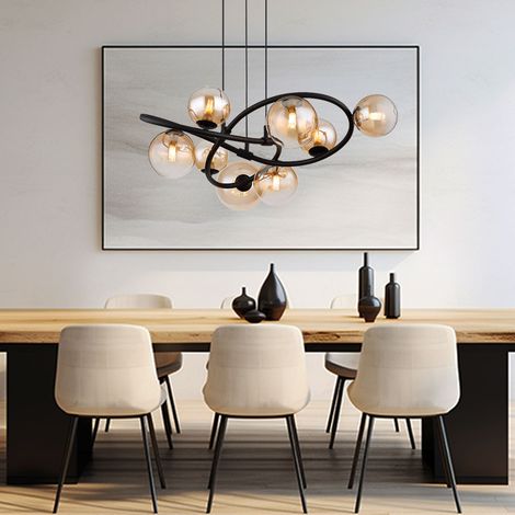 Pendellampe 8 flammig LED Hängeleuchte Esstischlampe Retro Wohnzimmerlampe, schwarz, Glaskugeln amber, 8x 3,5W 8x 350lm warmweiß, DxH 65 x 120 cm (1/5)