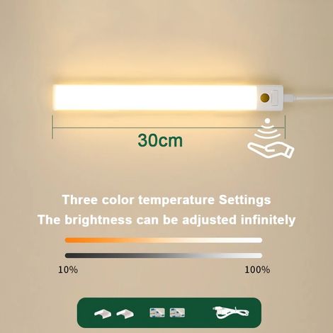 (30cm) Lampe d'armoire LED avec capteur de corps humain PIR, capteur portatif et prise USB. (1/5)