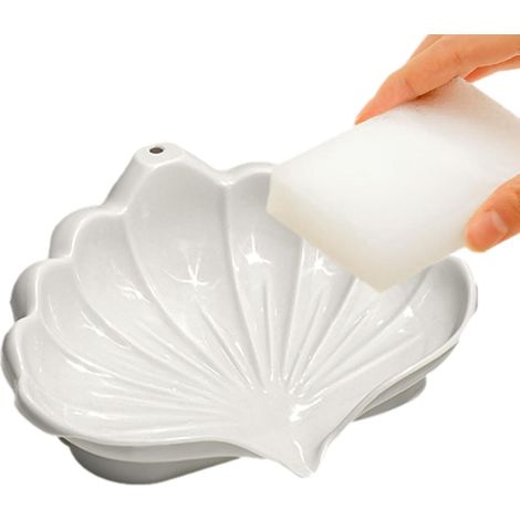 Soporte para vasos con forma de concha marina – soporte autolimpiable para vasos Sistema de drenaje universal, elegante y decorativo, ideal para la ducha, viajes, baño y cocina – blanco (1/4)