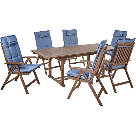 Conjunto de jardín rústico 6 plazas mesa extensible sillas reclinables madera acacia oscura con cojines azules Amantea