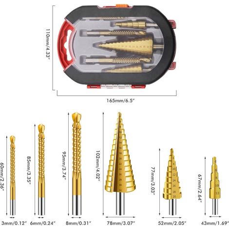 Coffret de 6 forets étagés en titane 4241 en acier rapide, avec étui, pour trous multiples. (1/5)