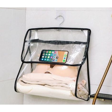 Organiseur de salle de bain suspendu transparent – Sac de rangement de douche résistant à l'eau – Avec crochet métallique – Pour vêtements, articles de toilette et téléphone – Noir (1/5)