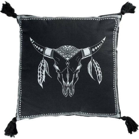 Coussin Déco à Pompons "Mohicana" 40x40cm Noir