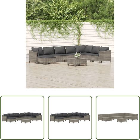 vidaXL Canapé en rotin poly - Salon de jardin 9 pcs avec coussins Gris Résine tressée (1/5)