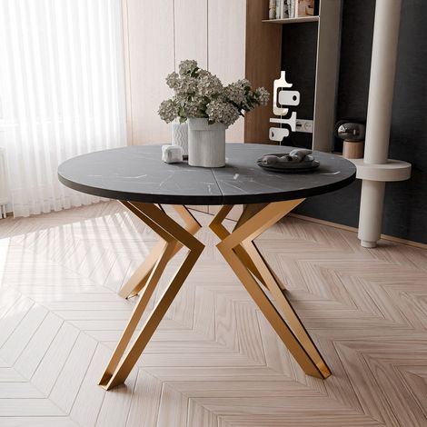 Table à Manger Extensible RAMIRO - 4-6 personnes - Ronde - Gris/Doré - 100-176 x 100 x 76 cm (1/5)