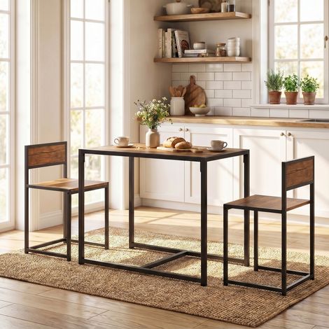 Ensemble table haute 3 pièces, comprenant 2 chaises et 1 table haute (90 cm x 47 cm x 76 cm), marron et noir. (1/5)