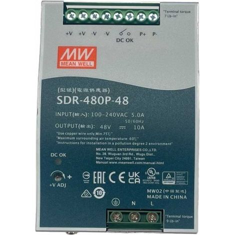 MW MEAN WELL SDR-480P-48 Alimentatore DIN RAIL 480W 48V 10A Per Automazione Industriale Input 220V 110