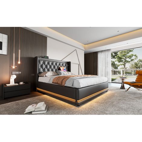 Bett mit Stauraum PU Schwarz 160x200 cm, hydraulisch, mit LED, USB/Typ-C und Matratze (1/5)