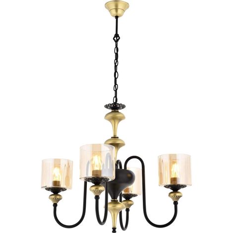 Lustre d'inspiration vintage, corps en métal, hauteur 100 cm, diamètre 62 cm, 4 ampoules E27 max. 40 W, finition noire et vintage, pour la décoration glamour et traditionnelle