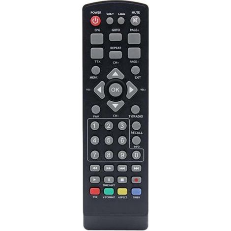Universelle DVB-T2-Fernbedienung für HDTV-Receiver, schwarz. Einfache Bedienung, kompatibel mit vielen Modellen, idealer Ersatz für eine verlorene Fernbedienung. (1/5)