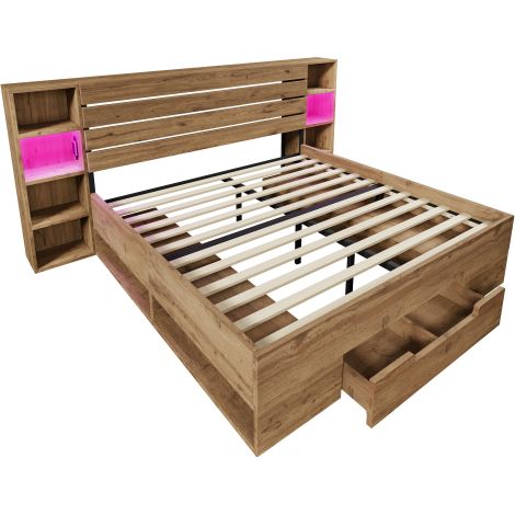 Lit 180x200 cm bois massif avec LED USB C lit coffre tiroirs