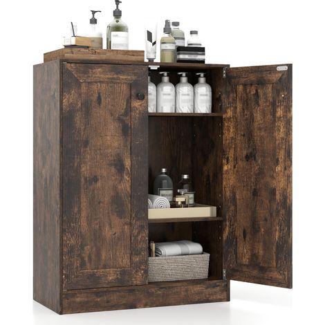 COSTWAY Wooden Storage Cabinet 60cm Double Doors Adjustable Shelves Kitchen Floor Cabinet Brown (1/5)