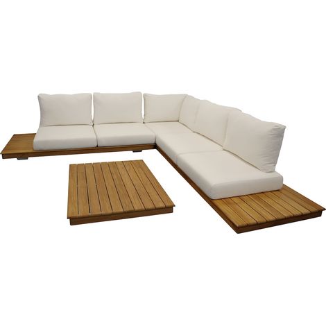 PROLOISIRS Set salon bas NEWCASTLE - 1 canapé d’angle + 1 table basse - Teck / Blanc