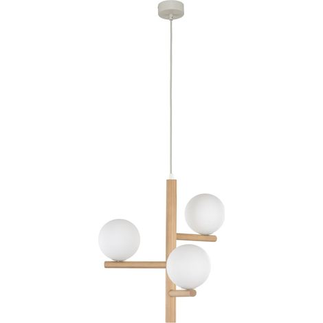 Suspension métal verre 33 cm de large H : max 100 cm bois clair blanc G9 3 lampes moderne