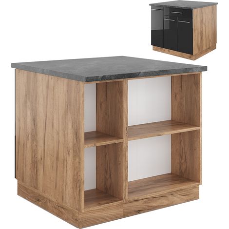 Isola cucina Fame-Line, Antracite lucido/oro power oak, 90 cm con cassetto, senza piano di lavoro, Vicco