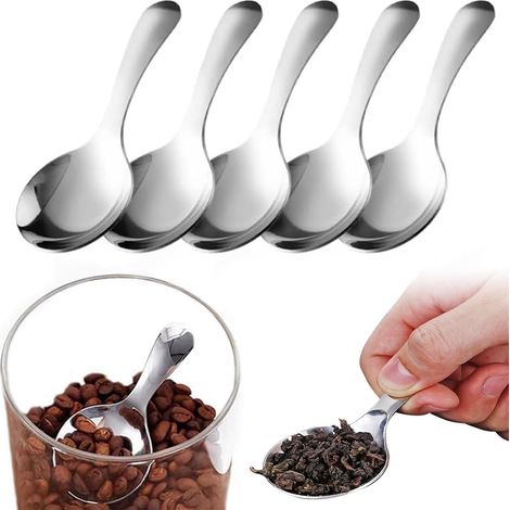 Lot de 5 Mini-pelles à Manche Court, Mini-pelles argentées pour boîtes de Conserve, Petites pelles en Acier Inoxydable pour café, Bonbons, sel, Sucre, thé et Desserts (Argent) (1/5)